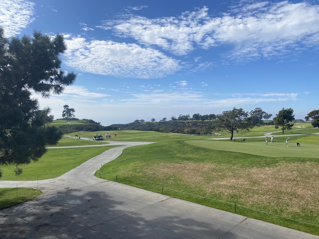 lush green golf course with white clouds and a blue sky